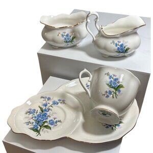 Royal Albert Bone China Forget-Me-Not Creamer Sugar Bowl Tea Cup Snack Plate Set
